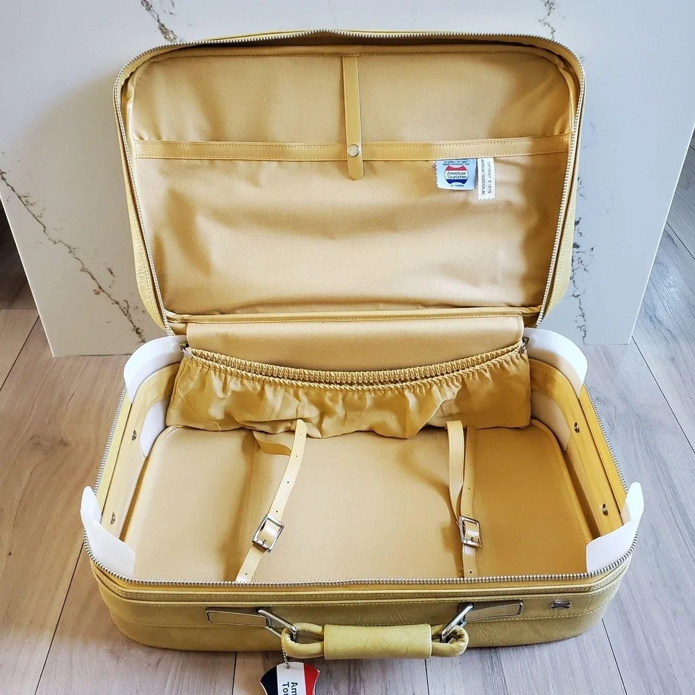 Vintage American Tourister Yellow Vinyl 2 Piece Soft Luggage Set Suitcases 1970s